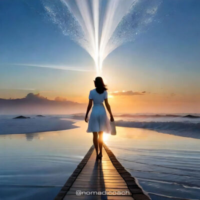 Nomadicoach_woman with light codes downloading while she walks along a pier with calm seas.